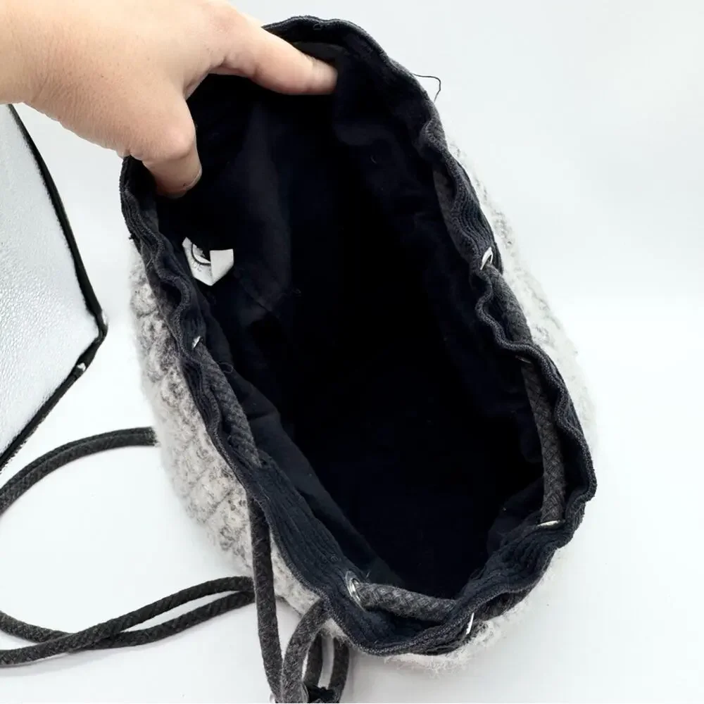 Y2K Artsy Boho‎ Hippie Knit Wool Drawstring Backpack Bag Grey/Black - Medium